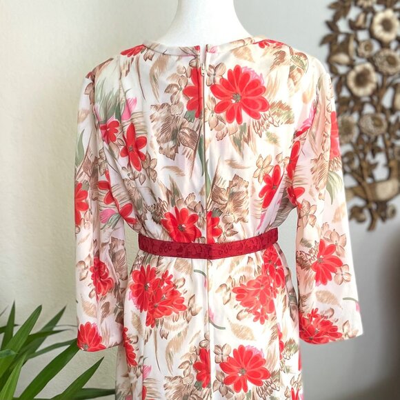 Vintage 70s Handmade Floral Kaftan Tunic Dress With Red & Brown Flowers - Picture 11 of 11